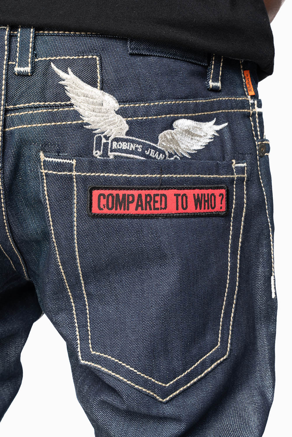ROBIN’S BRITISH FLAG SLIM JEANS IN RAW DENIM EMBROIDERED ROBIN”S WING LOGO ON THE BACK  WITH PATCHES