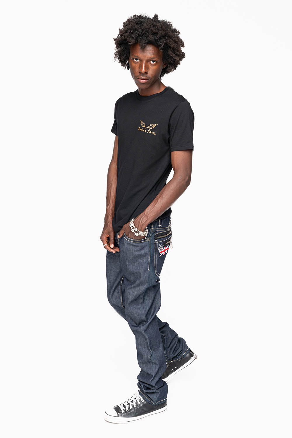 ROBIN’S BRITISH FLAG SLIM JEANS IN RAW DENIM EMBROIDERED ROBIN”S WING LOGO ON THE BACK  WITH PATCHES