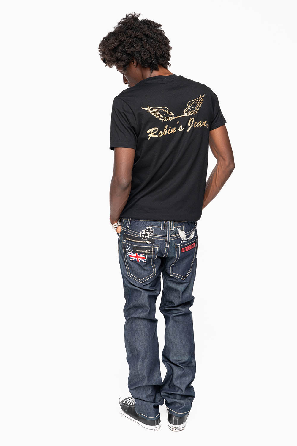 ROBIN’S BRITISH FLAG SLIM JEANS IN RAW DENIM EMBROIDERED ROBIN”S WING LOGO ON THE BACK  WITH PATCHES