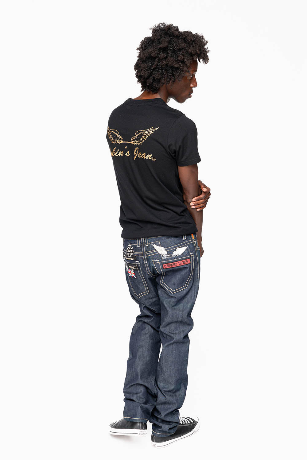 ROBIN’S BRITISH FLAG SLIM JEANS IN RAW DENIM EMBROIDERED ROBIN”S WING LOGO ON THE BACK  WITH PATCHES