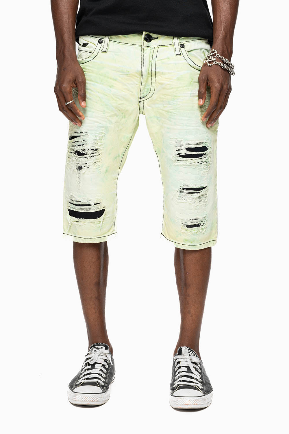 MENS SHORT WITH FLAP POCKETS IN KEY LIME BROKEN BACKING WASH WITH  CRYSTALS AND STUDS