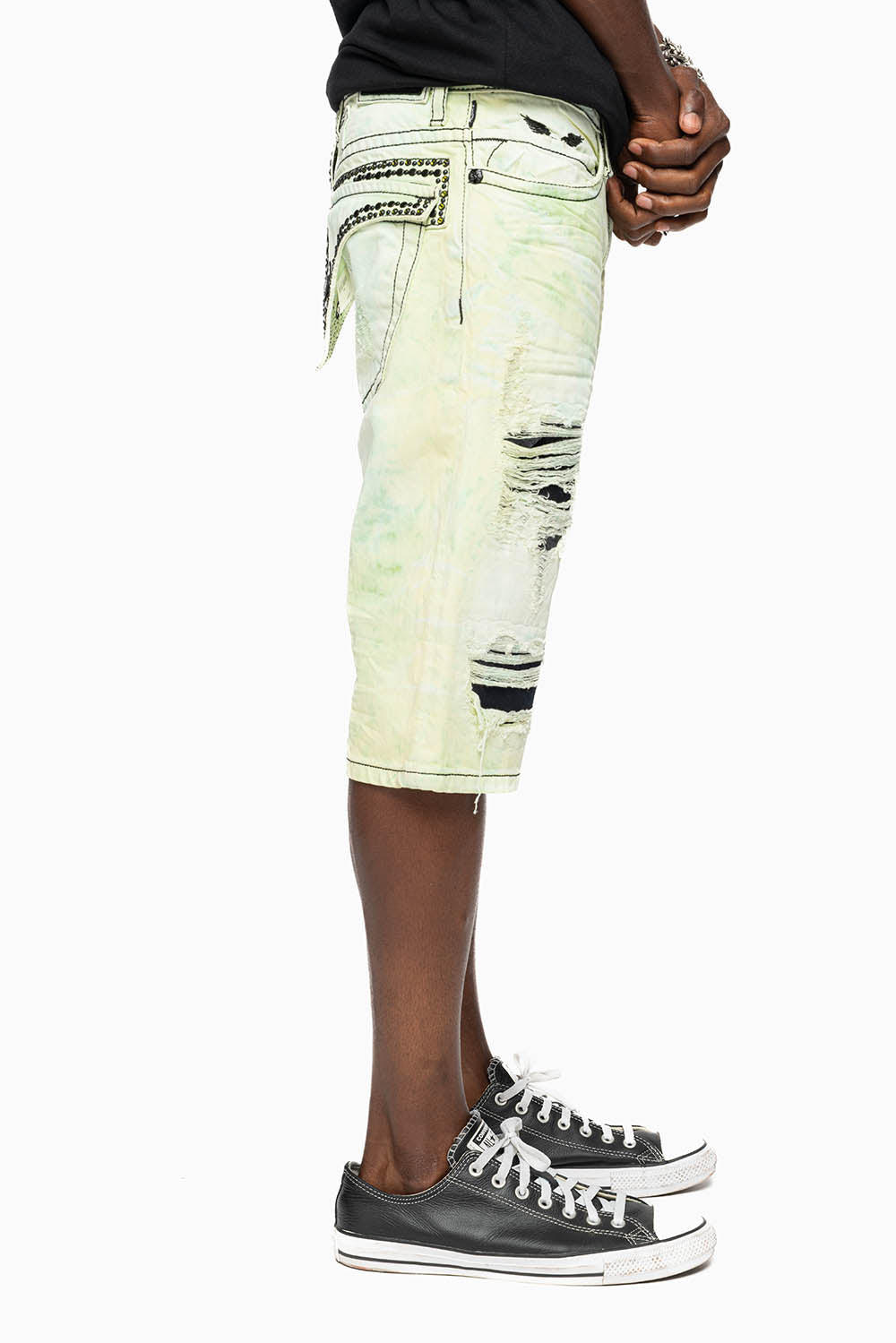 MENS SHORT WITH FLAP POCKETS IN KEY LIME BROKEN BACKING WASH WITH  CRYSTALS AND STUDS