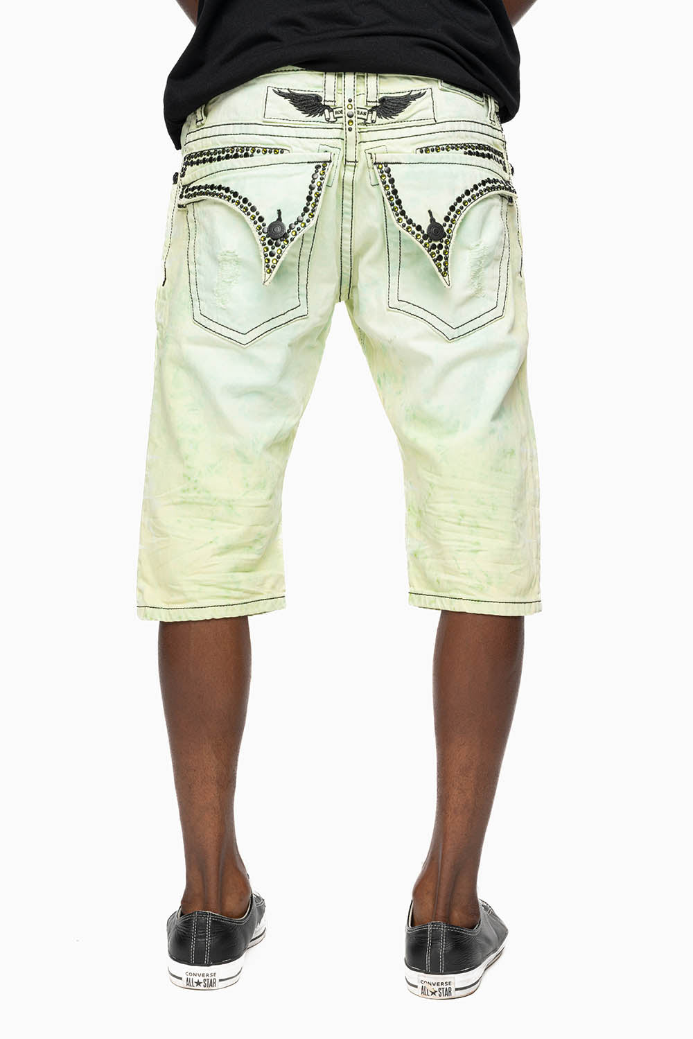 MENS SHORT WITH FLAP POCKETS IN KEY LIME BROKEN BACKING WASH WITH  CRYSTALS AND STUDS