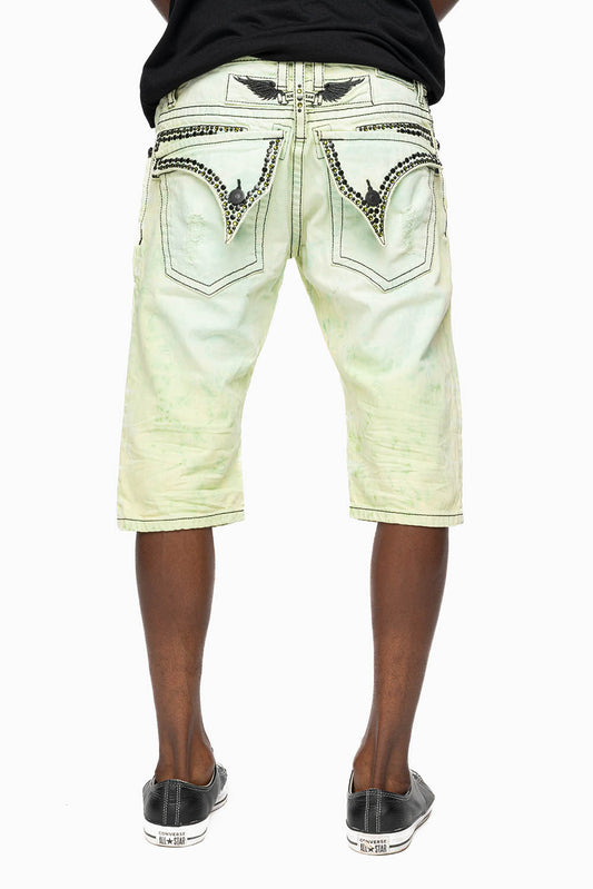 MENS SHORT WITH FLAP POCKETS IN KEY LIME BROKEN BACKING WASH WITH  CRYSTALS AND STUDS