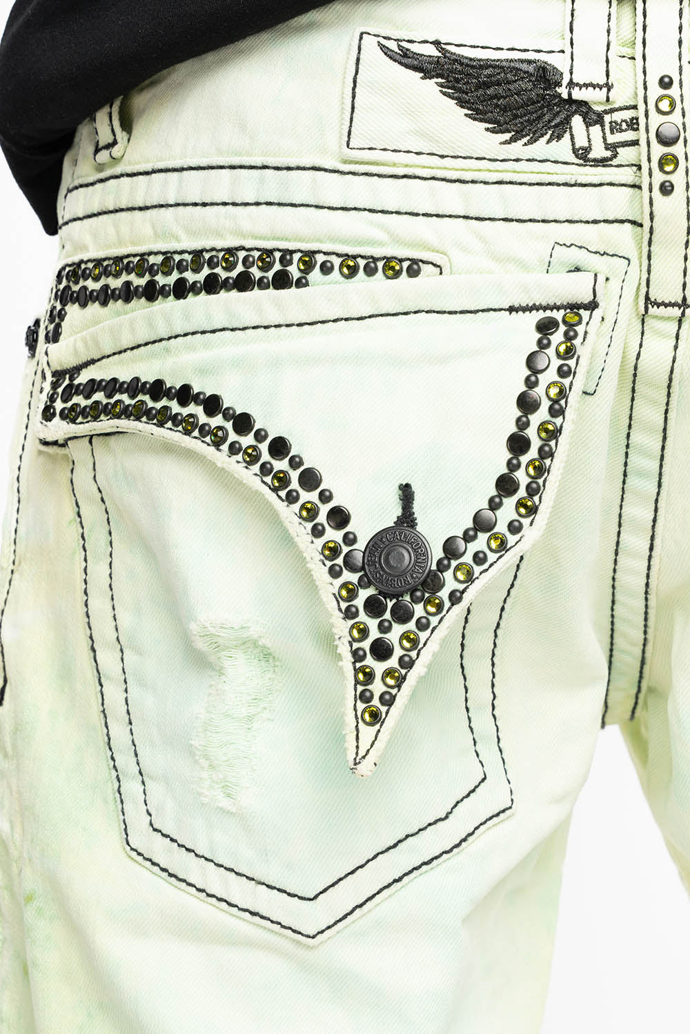 MENS SHORT WITH FLAP POCKETS IN KEY LIME BROKEN BACKING WASH WITH  CRYSTALS AND STUDS