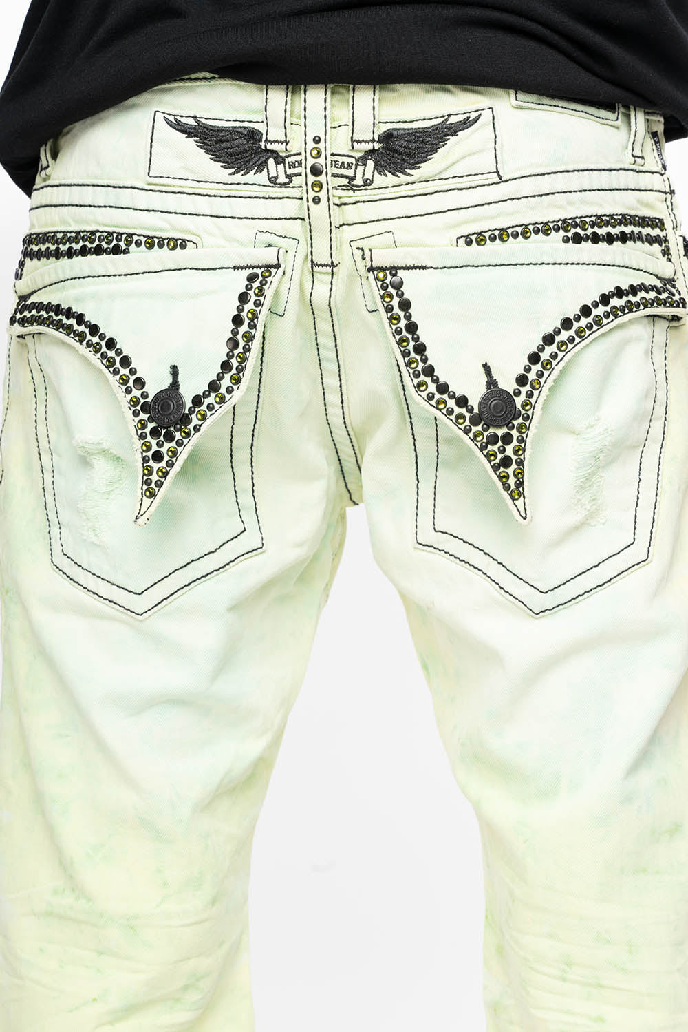 MENS SHORT WITH FLAP POCKETS IN KEY LIME BROKEN BACKING WASH WITH  CRYSTALS AND STUDS