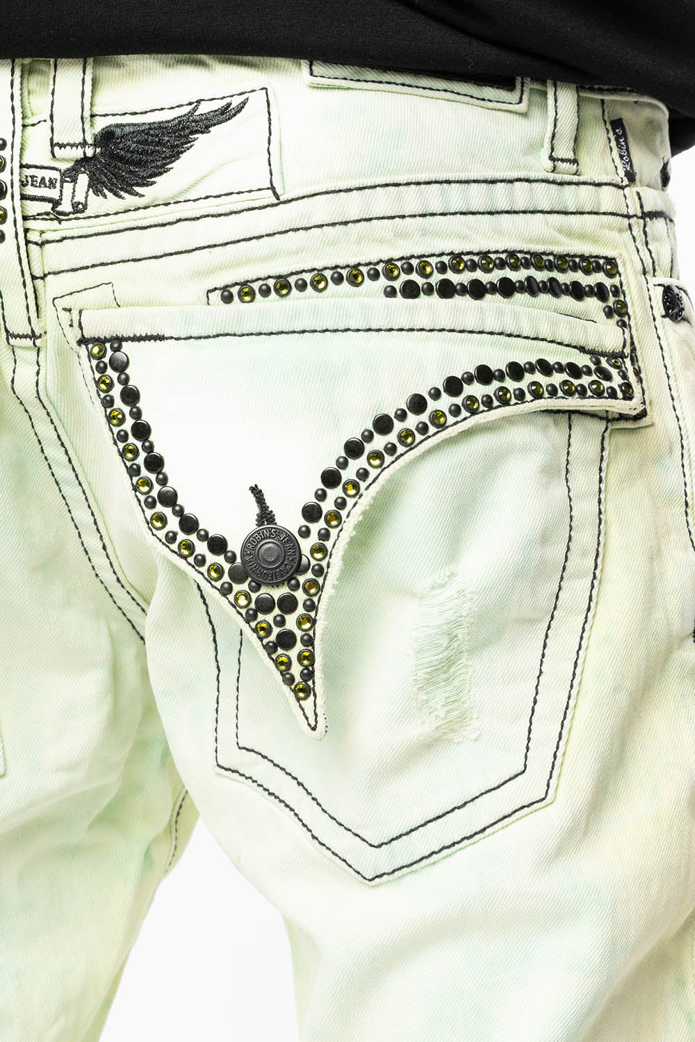MENS SHORT WITH FLAP POCKETS IN KEY LIME BROKEN BACKING WASH WITH  CRYSTALS AND STUDS