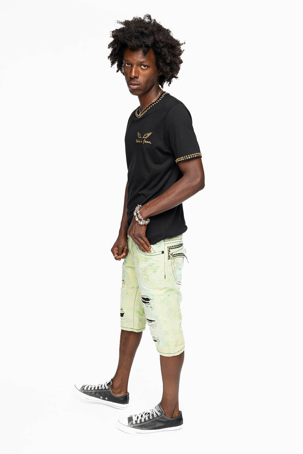 MENS SHORT WITH FLAP POCKETS IN KEY LIME BROKEN BACKING WASH WITH  CRYSTALS AND STUDS