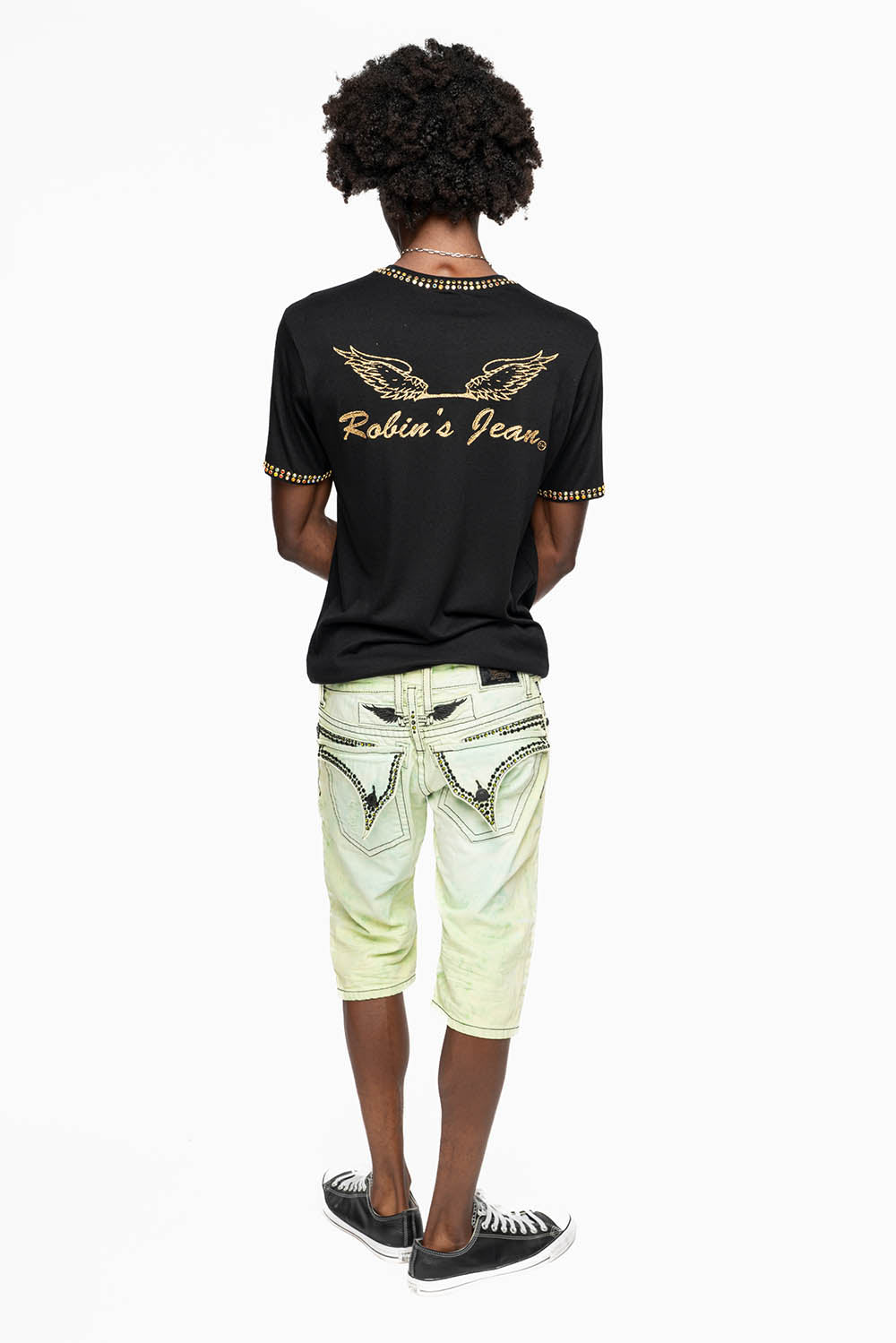 MENS SHORT WITH FLAP POCKETS IN KEY LIME BROKEN BACKING WASH WITH  CRYSTALS AND STUDS