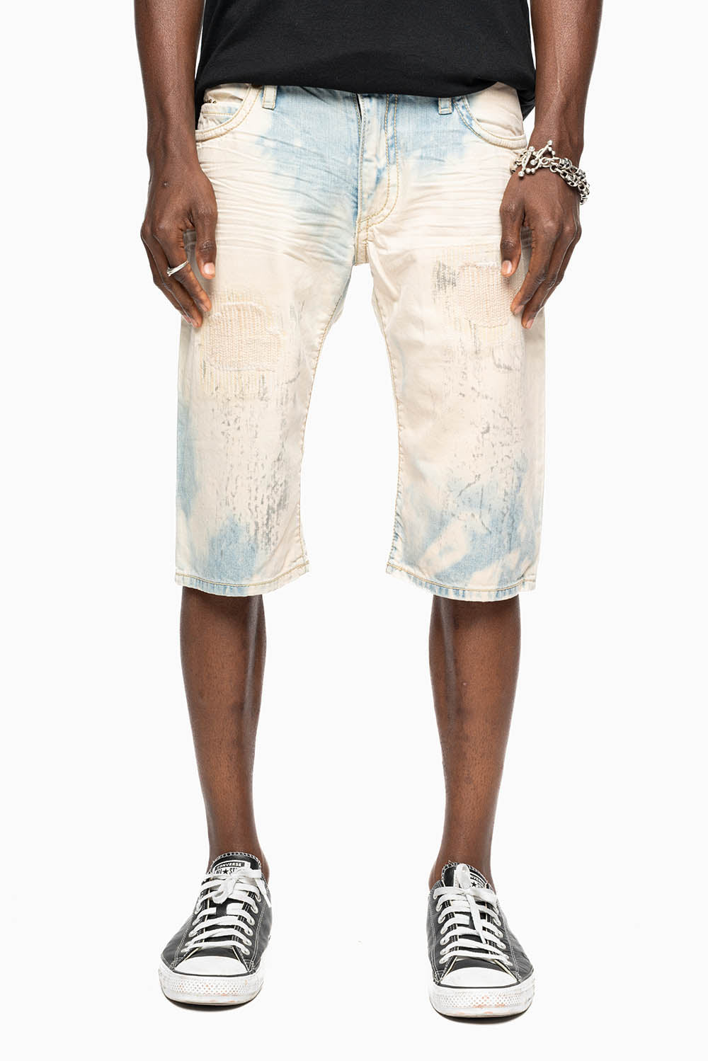 MENS SHORT WITH FLAP POCKETS IN COLOR BROKEN BACKING WASH WITH  CRYSTALS AND STUDS