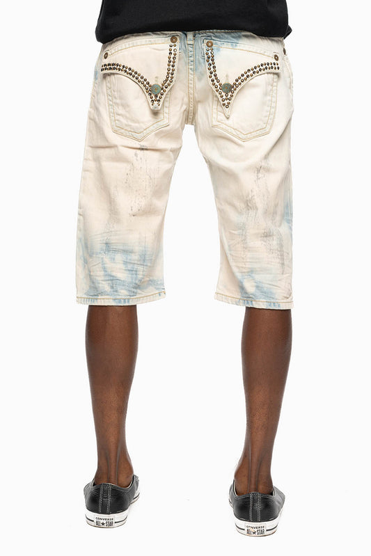 MENS SHORT WITH FLAP POCKETS IN COLOR BROKEN BACKING WASH WITH  CRYSTALS AND STUDS