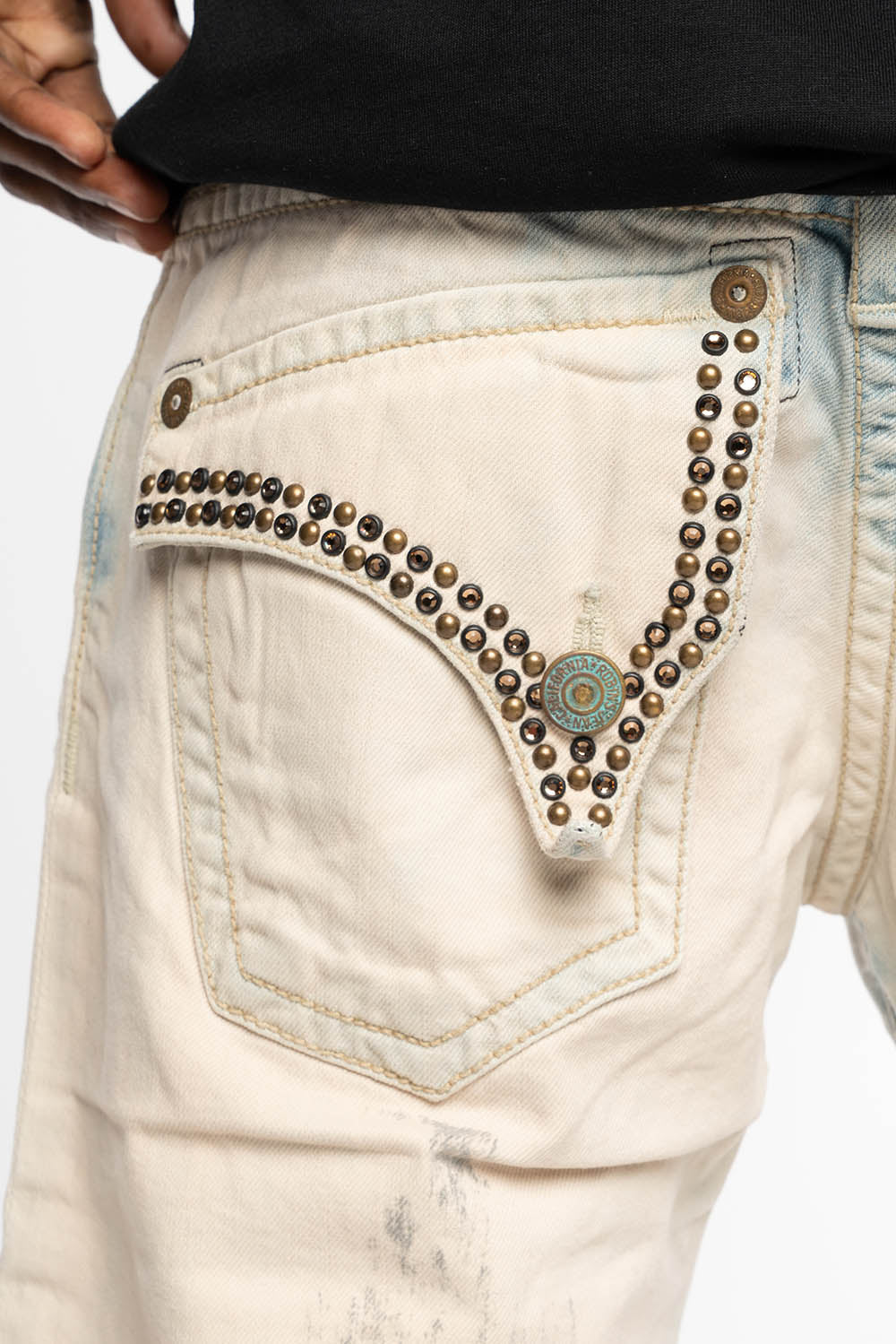 MENS SHORT WITH FLAP POCKETS IN COLOR BROKEN BACKING WASH WITH  CRYSTALS AND STUDS