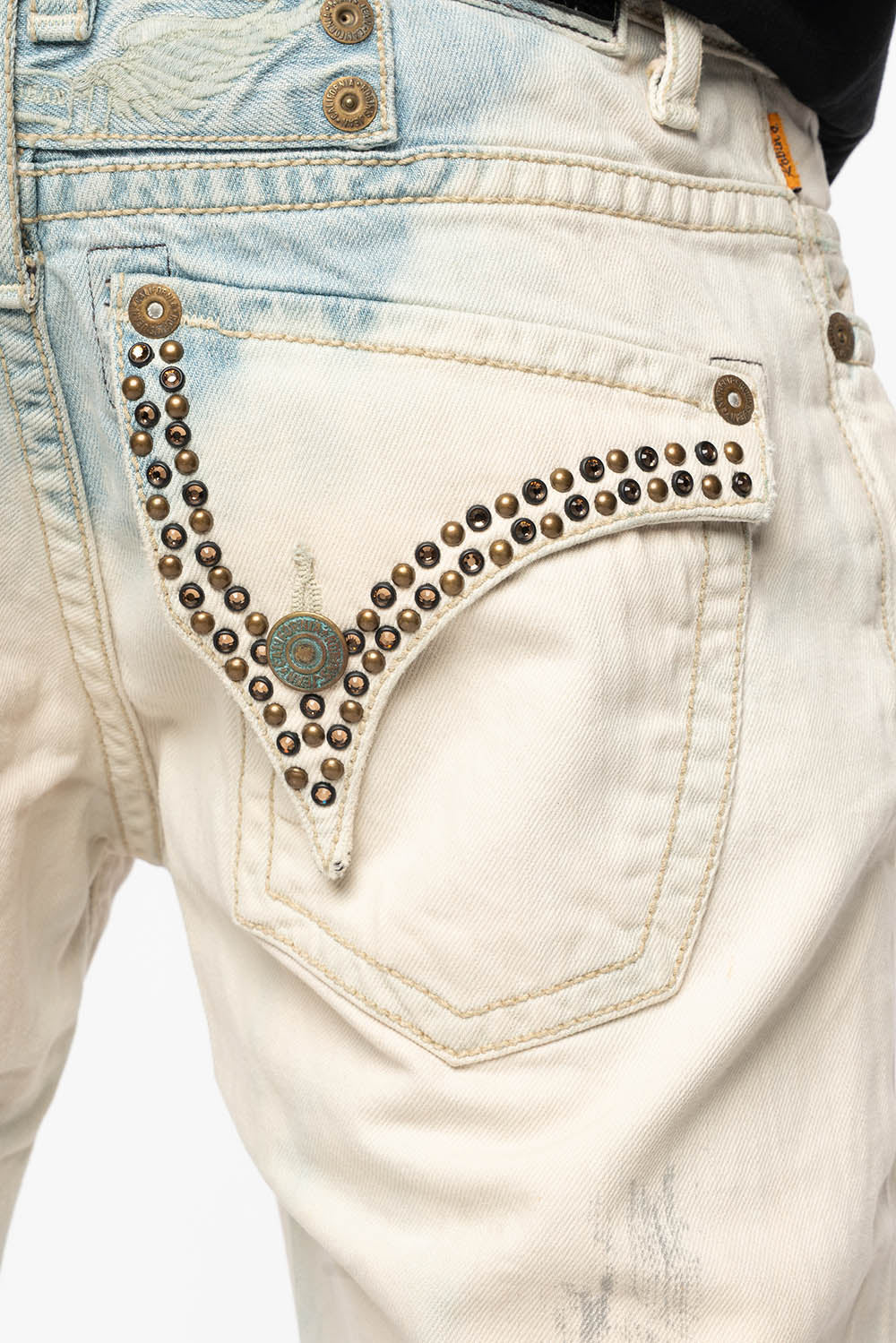 MENS SHORT WITH FLAP POCKETS IN COLOR BROKEN BACKING WASH WITH  CRYSTALS AND STUDS