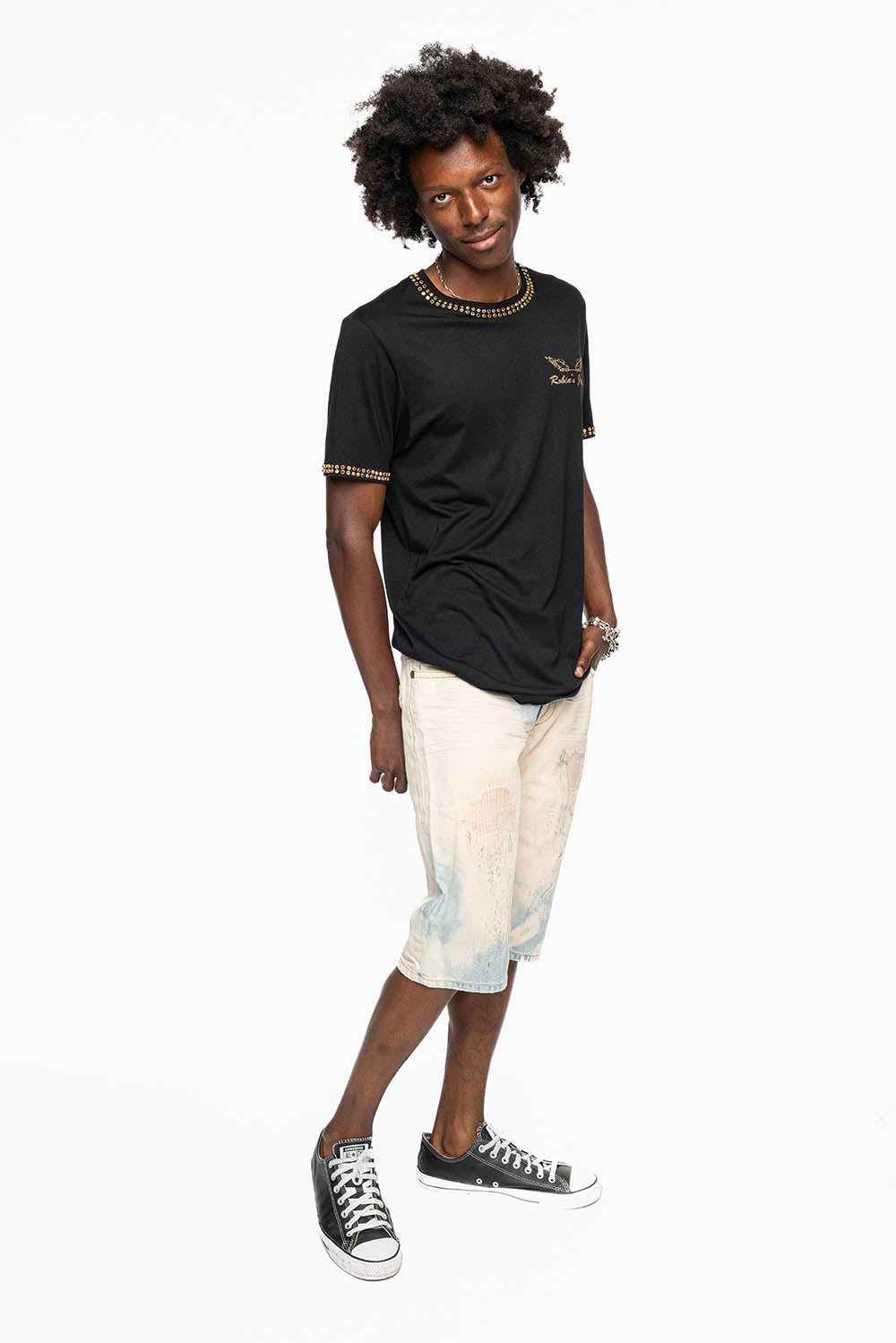 MENS SHORT WITH FLAP POCKETS IN COLOR BROKEN BACKING WASH WITH  CRYSTALS AND STUDS
