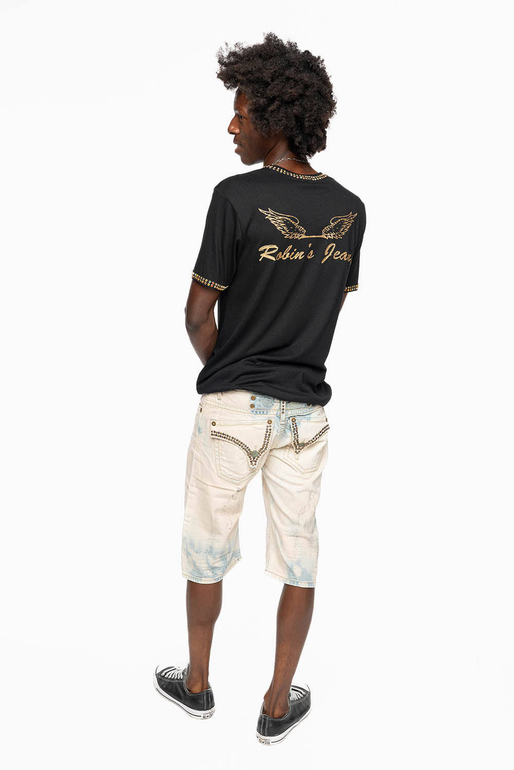 MENS SHORT WITH FLAP POCKETS IN COLOR BROKEN BACKING WASH WITH  CRYSTALS AND STUDS