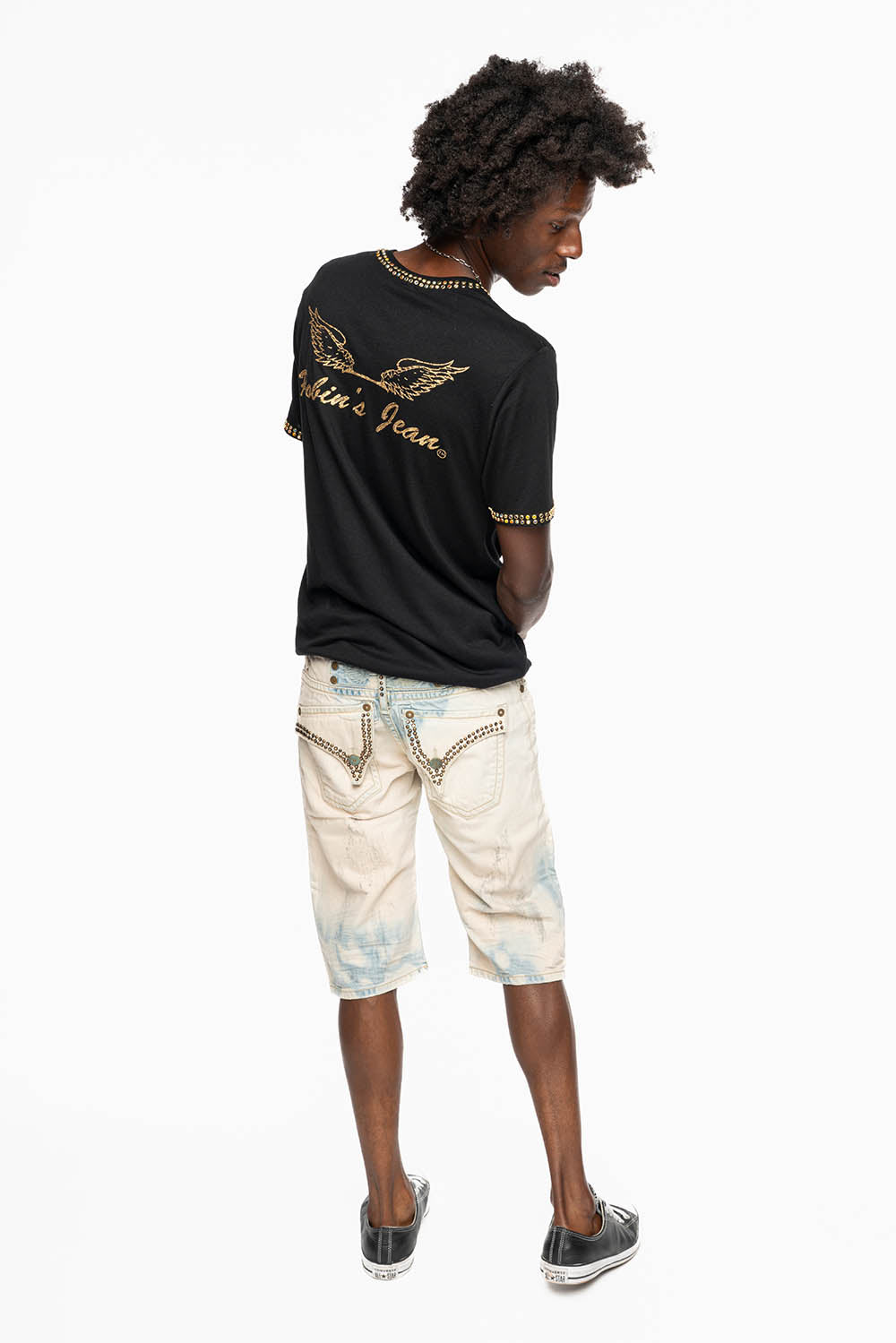 MENS SHORT WITH FLAP POCKETS IN COLOR BROKEN BACKING WASH WITH  CRYSTALS AND STUDS