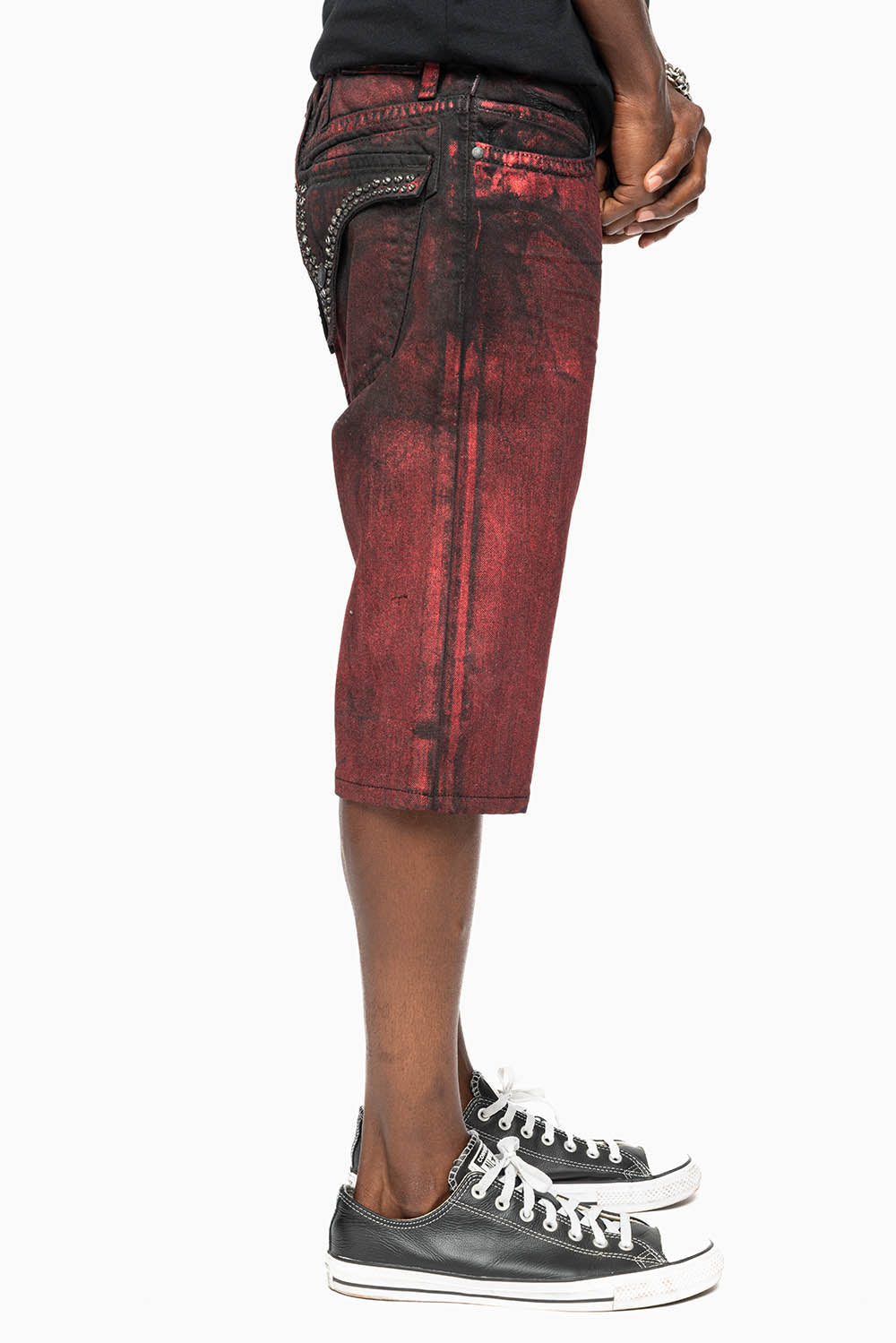 MENS SHORT WITH FLAP POCKETS IN RUSH RED WASH WITH  CRYSTALS