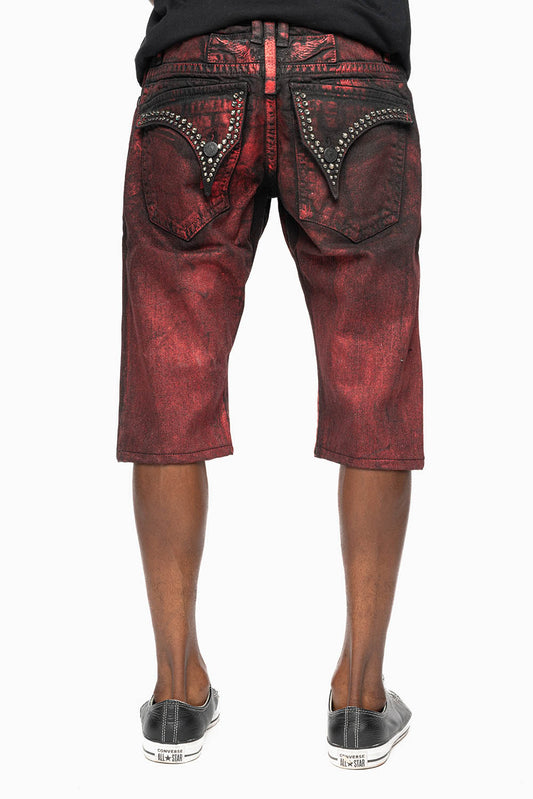 MENS SHORT WITH FLAP POCKETS IN RUSH RED WASH WITH  CRYSTALS