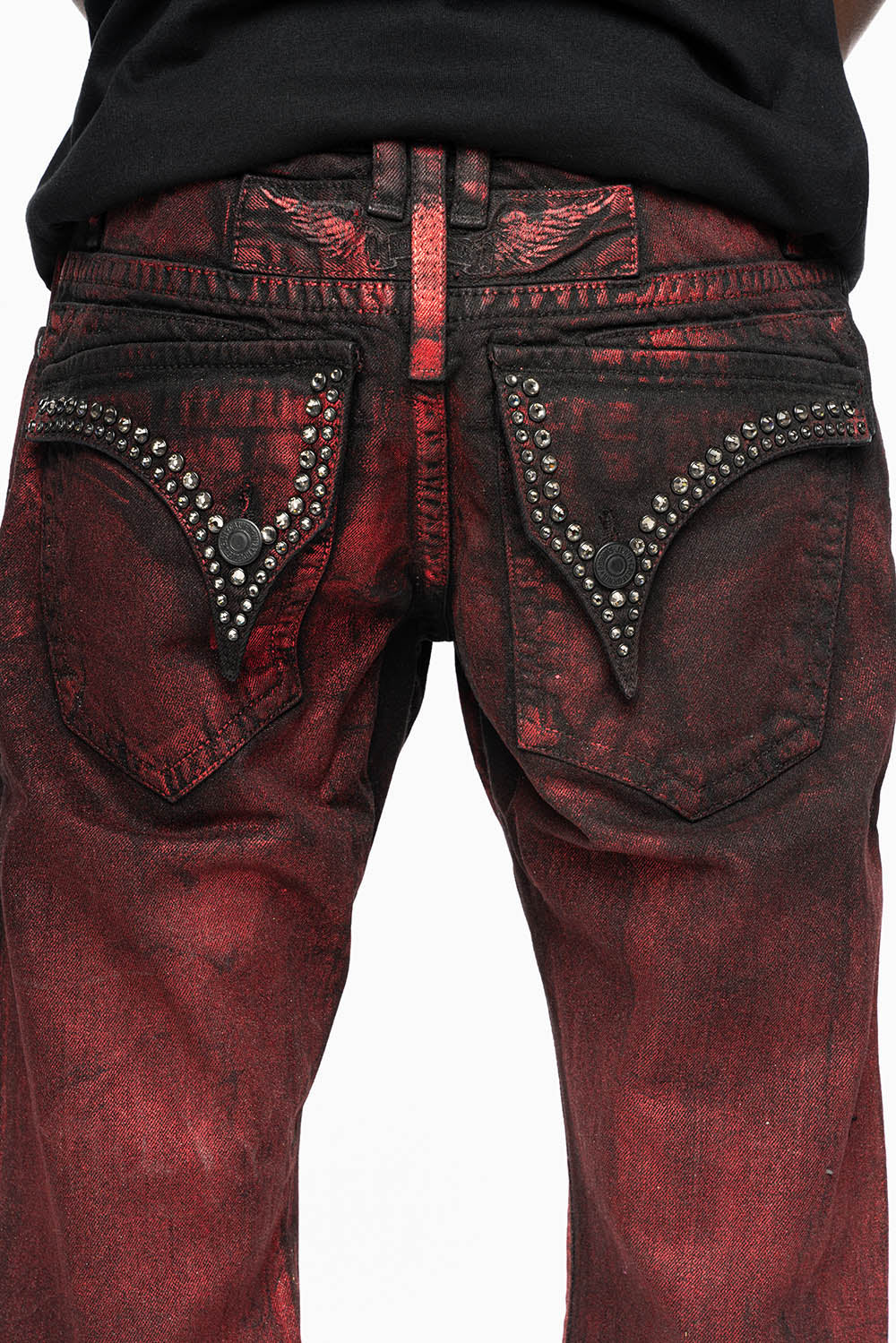 MENS SHORT WITH FLAP POCKETS IN RUSH RED WASH WITH  CRYSTALS