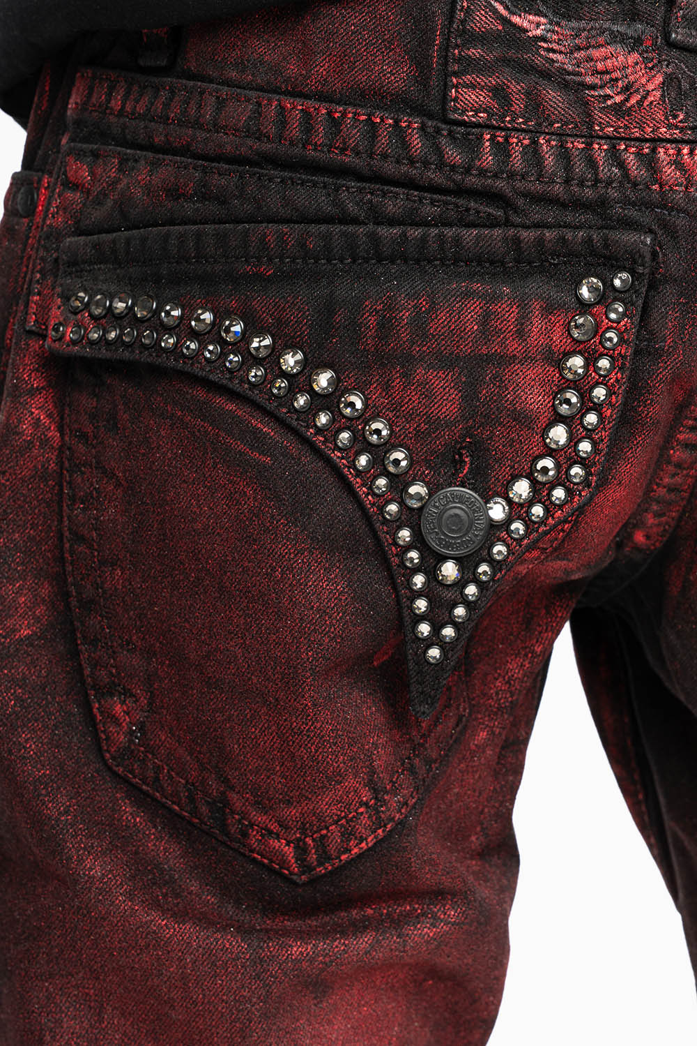 MENS SHORT WITH FLAP POCKETS IN RUSH RED WASH WITH  CRYSTALS