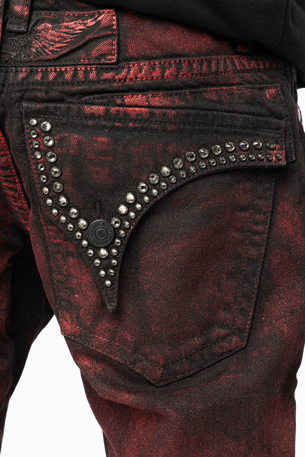 MENS SHORT WITH FLAP POCKETS IN RUSH RED WASH WITH  CRYSTALS