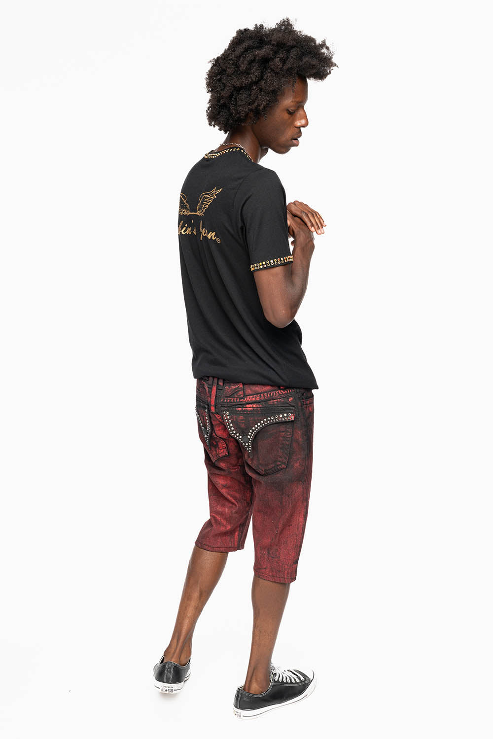 MENS SHORT WITH FLAP POCKETS IN RUSH RED WASH WITH  CRYSTALS