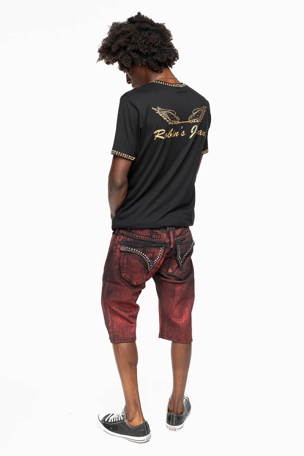 MENS SHORT WITH FLAP POCKETS IN RUSH RED WASH WITH  CRYSTALS