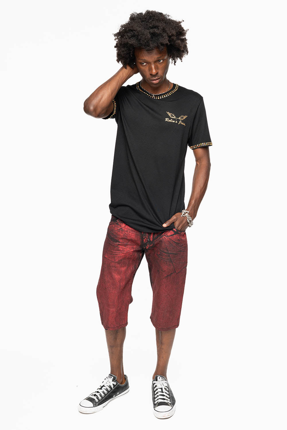 MENS SHORT WITH FLAP POCKETS IN RUSH RED WASH WITH  CRYSTALS