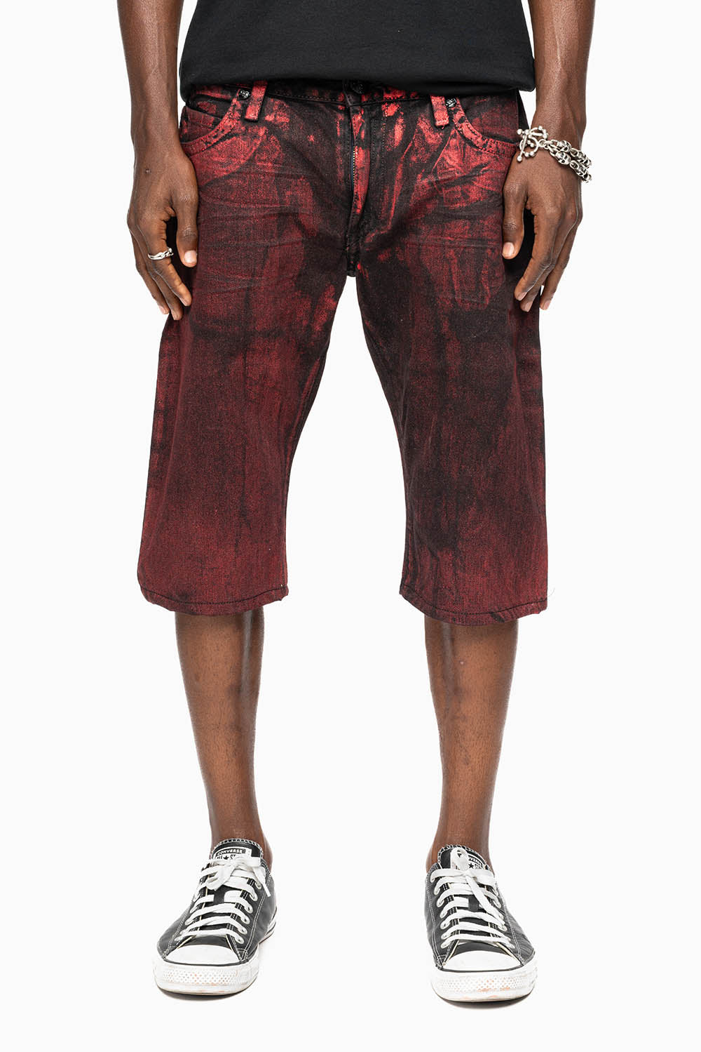 MENS SHORT WITH FLAP POCKETS IN RUSH RED WASH WITH  XLARGE RED CRYSTALS