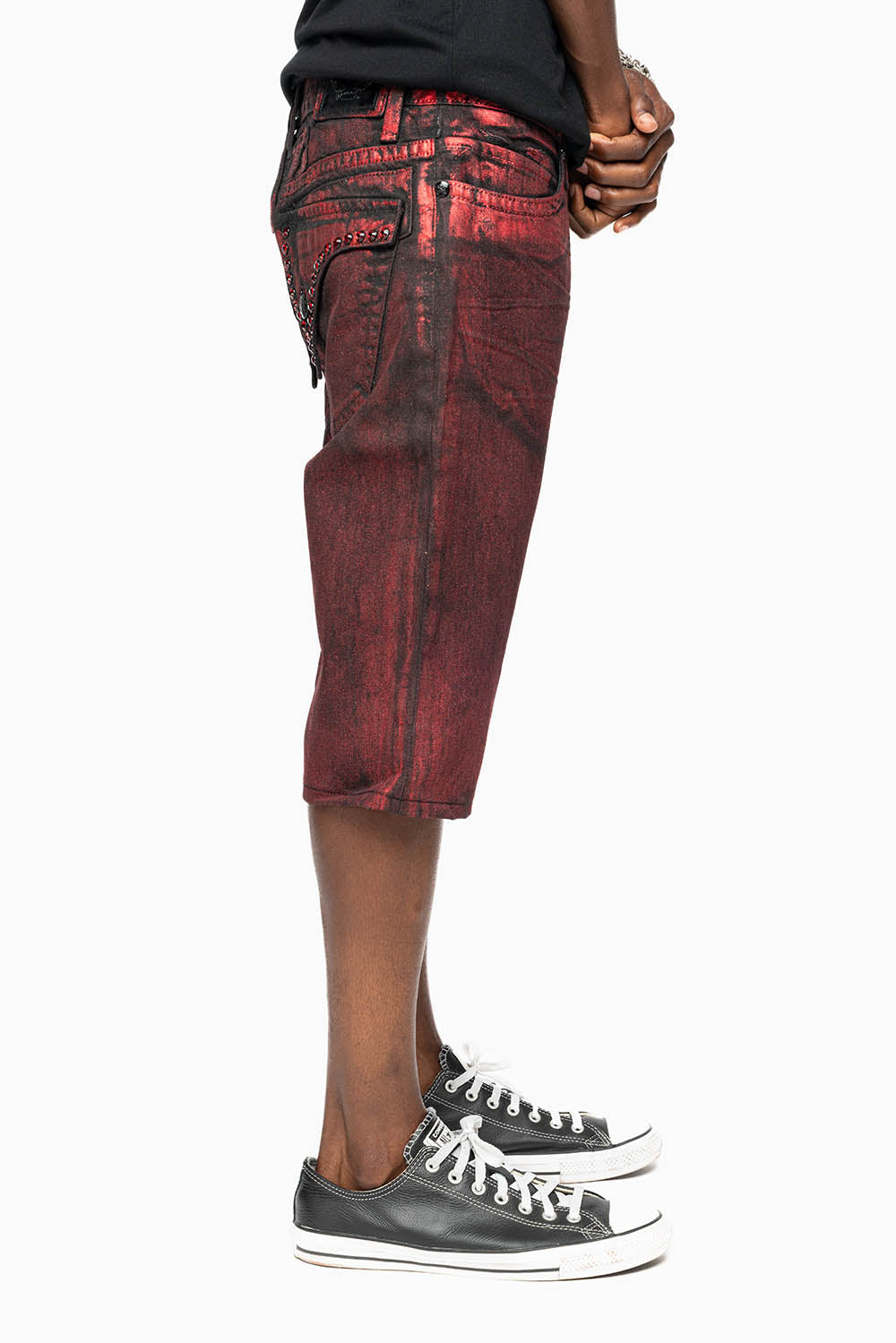 MENS SHORT WITH FLAP POCKETS IN RUSH RED WASH WITH  XLARGE RED CRYSTALS