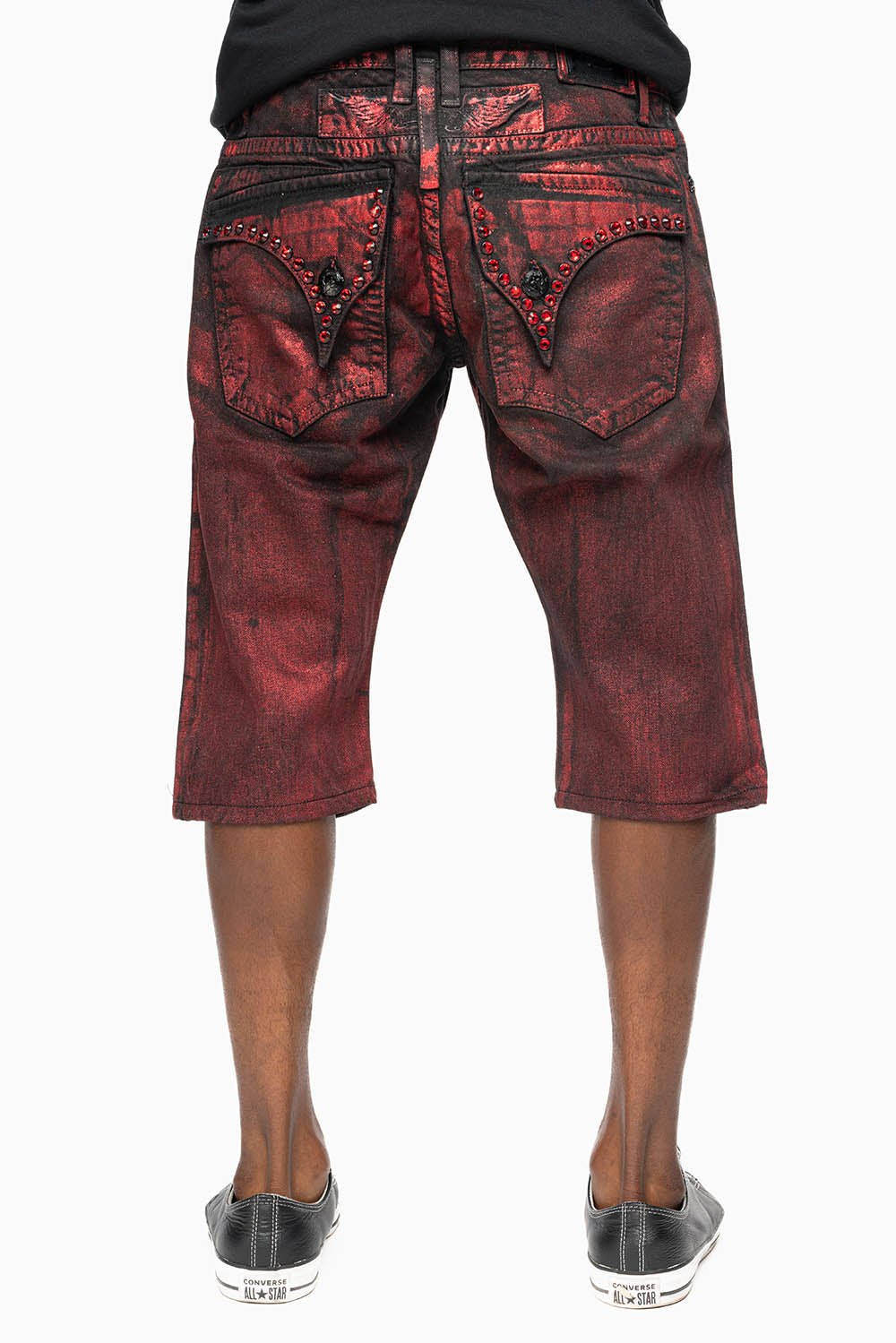MENS SHORT WITH FLAP POCKETS IN RUSH RED WASH WITH  XLARGE RED CRYSTALS
