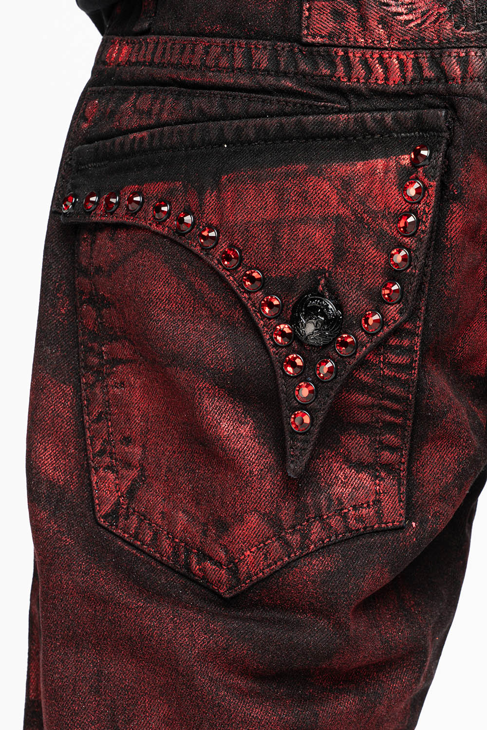 MENS SHORT WITH FLAP POCKETS IN RUSH RED WASH WITH  XLARGE RED CRYSTALS