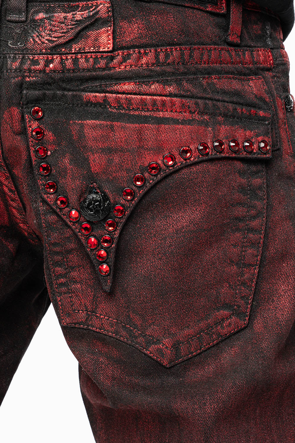 MENS SHORT WITH FLAP POCKETS IN RUSH RED WASH WITH  XLARGE RED CRYSTALS