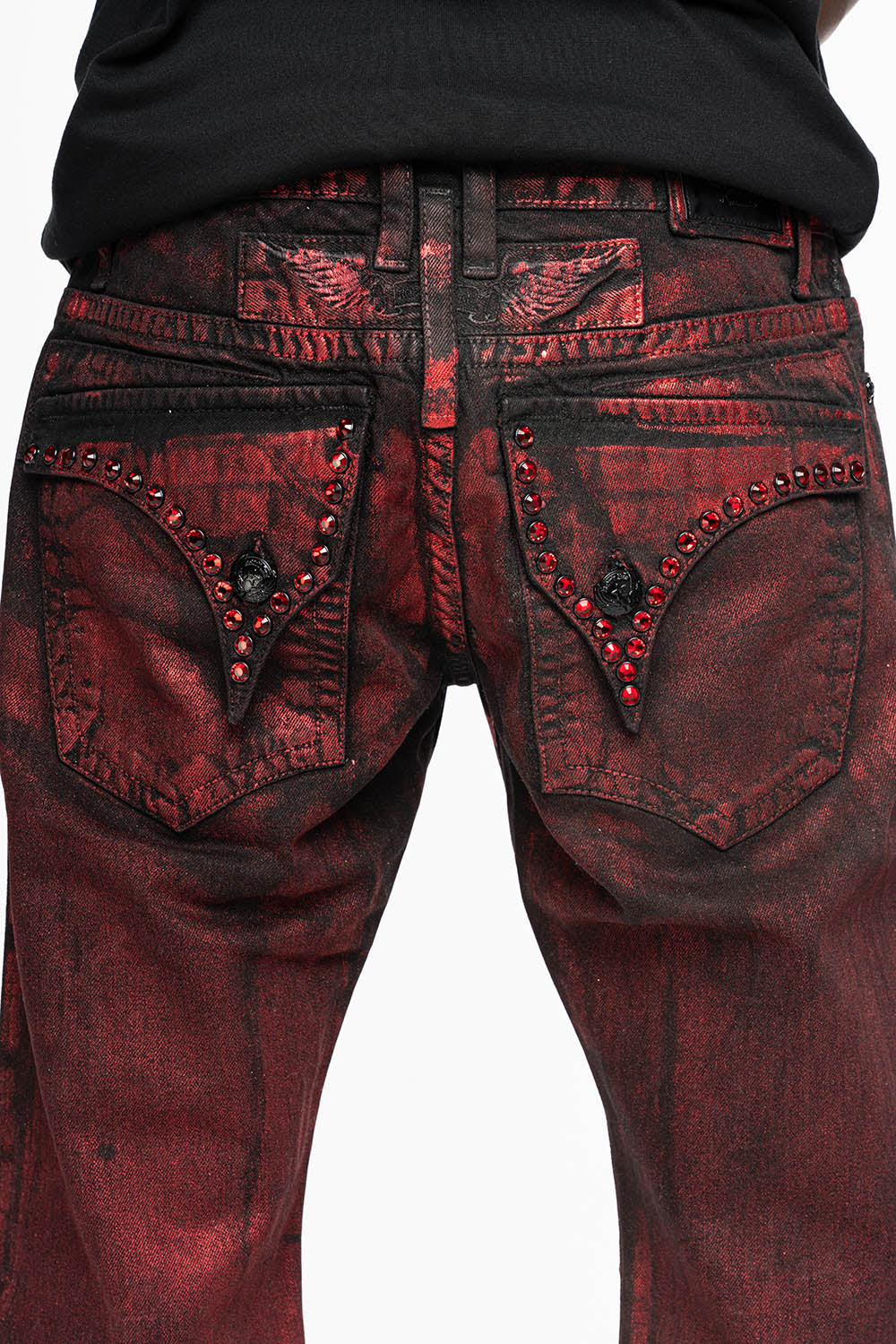 MENS SHORT WITH FLAP POCKETS IN RUSH RED WASH WITH  XLARGE RED CRYSTALS