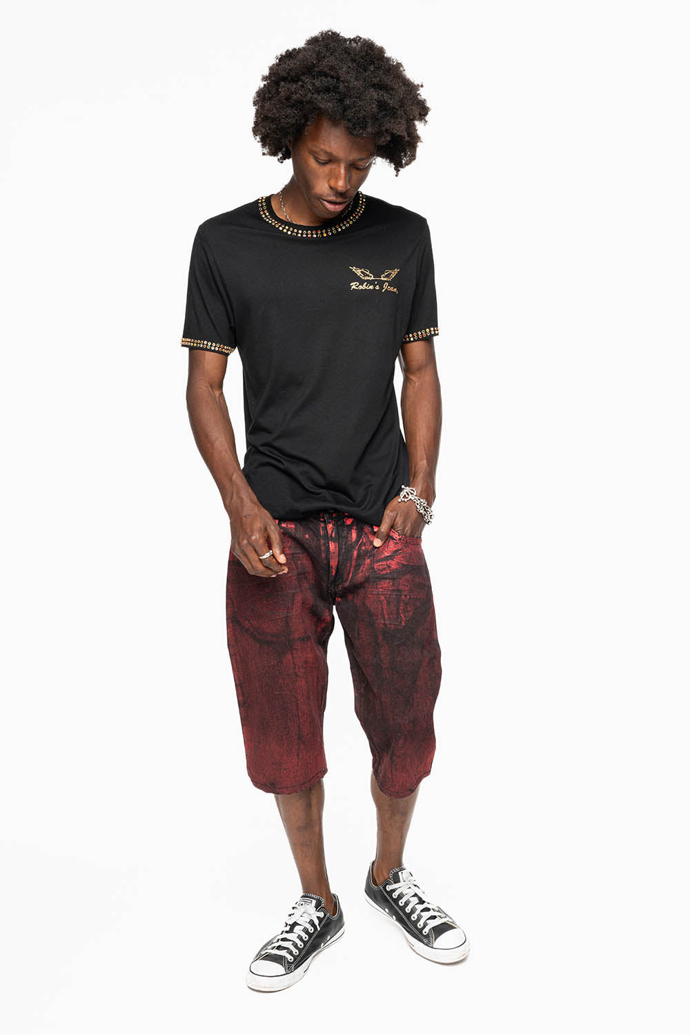 MENS SHORT WITH FLAP POCKETS IN RUSH RED WASH WITH  XLARGE RED CRYSTALS