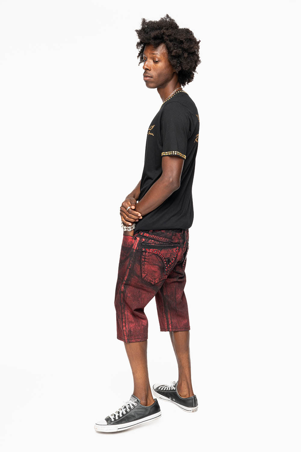 MENS SHORT WITH FLAP POCKETS IN RUSH RED WASH WITH  XLARGE RED CRYSTALS