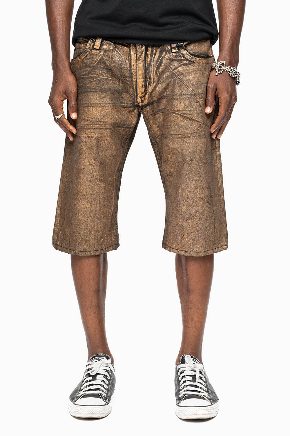 MENS SHORT WITH FLAP POCKETS IN RUSH GOLD WASH WITH  XLARGE SMOKEY TOPAZ CRYSTALS