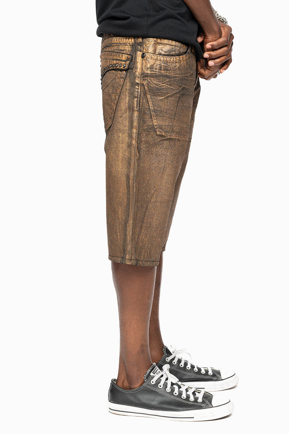 MENS SHORT WITH FLAP POCKETS IN RUSH GOLD WASH WITH  XLARGE SMOKEY TOPAZ CRYSTALS