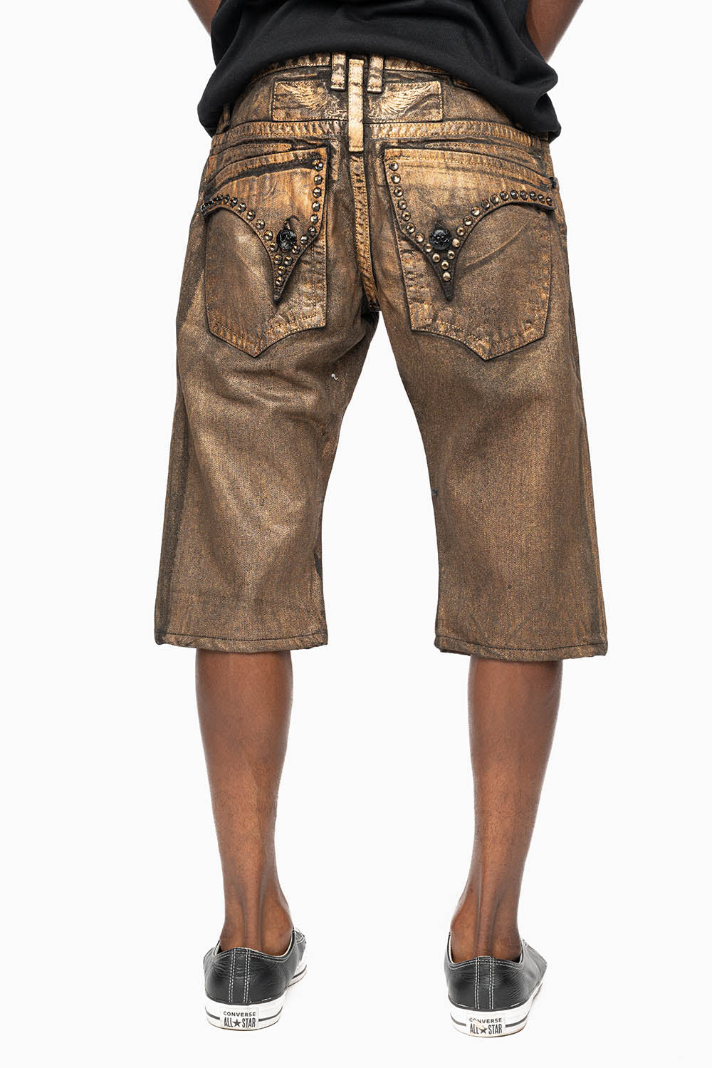 MENS SHORT WITH FLAP POCKETS IN RUSH GOLD WASH WITH  XLARGE SMOKEY TOPAZ CRYSTALS