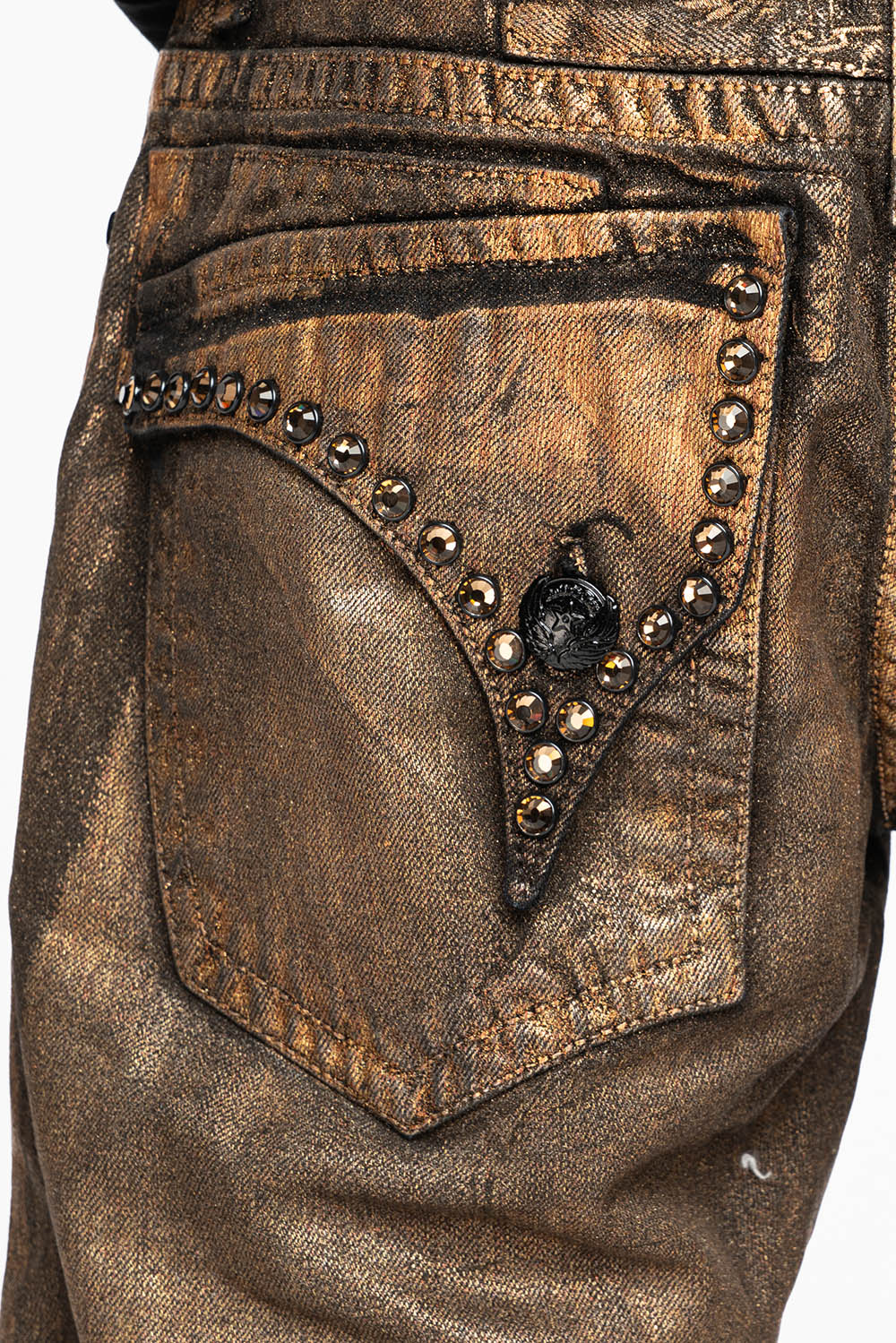 MENS SHORT WITH FLAP POCKETS IN RUSH GOLD WASH WITH  XLARGE SMOKEY TOPAZ CRYSTALS