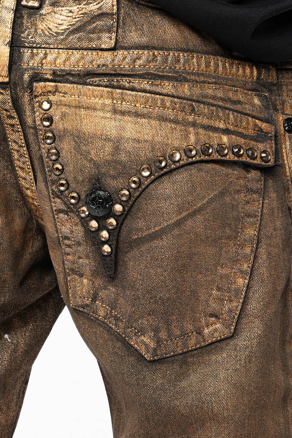 MENS SHORT WITH FLAP POCKETS IN RUSH GOLD WASH WITH  XLARGE SMOKEY TOPAZ CRYSTALS