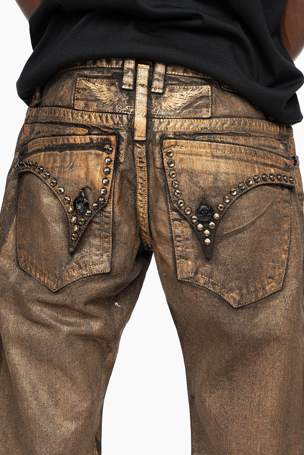 MENS SHORT WITH FLAP POCKETS IN RUSH GOLD WASH WITH  XLARGE SMOKEY TOPAZ CRYSTALS