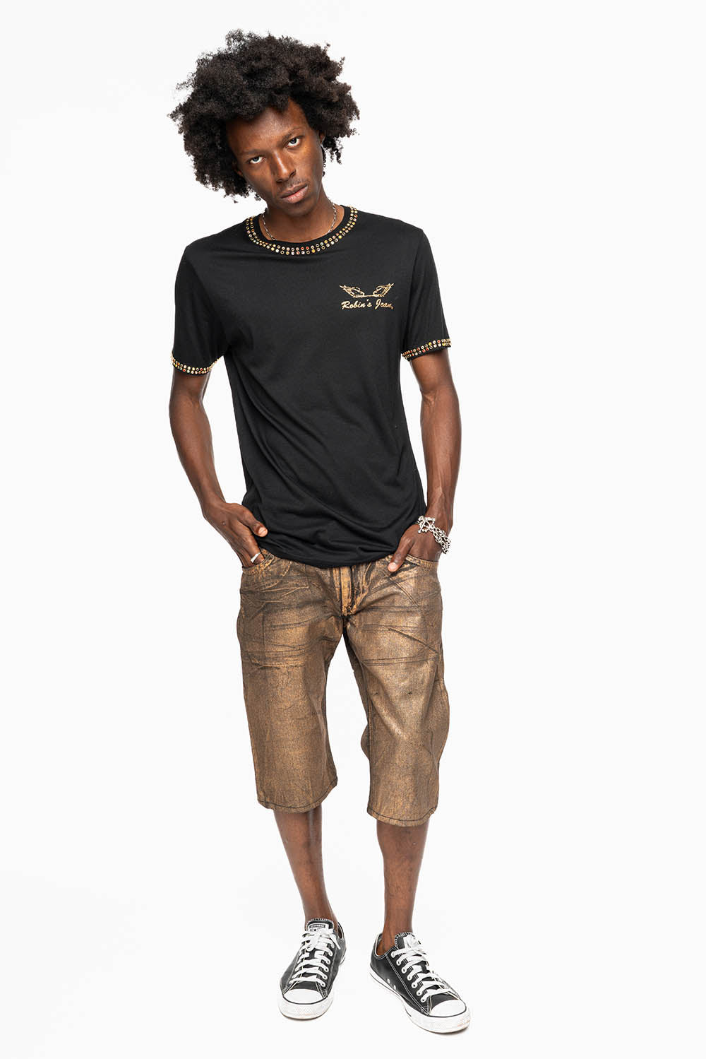 MENS SHORT WITH FLAP POCKETS IN RUSH GOLD WASH WITH  XLARGE SMOKEY TOPAZ CRYSTALS