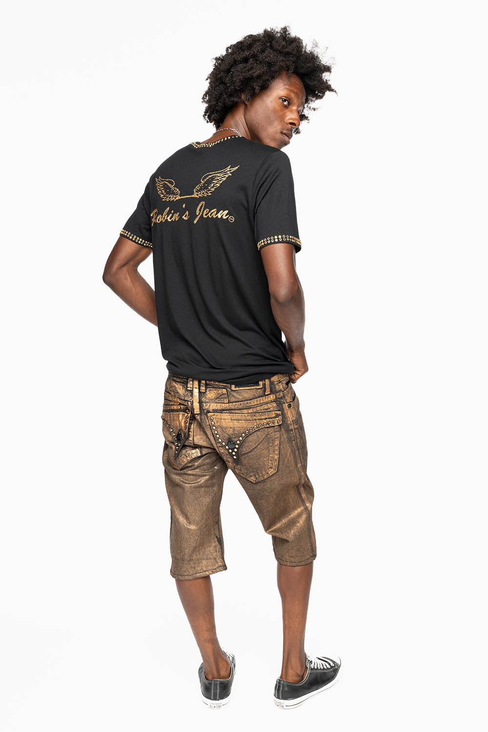 MENS SHORT WITH FLAP POCKETS IN RUSH GOLD WASH WITH  XLARGE SMOKEY TOPAZ CRYSTALS