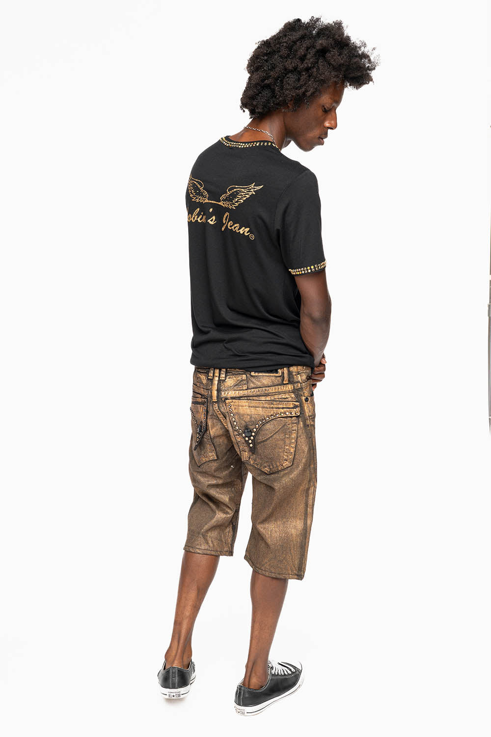 MENS SHORT WITH FLAP POCKETS IN RUSH GOLD WASH WITH  XLARGE SMOKEY TOPAZ CRYSTALS