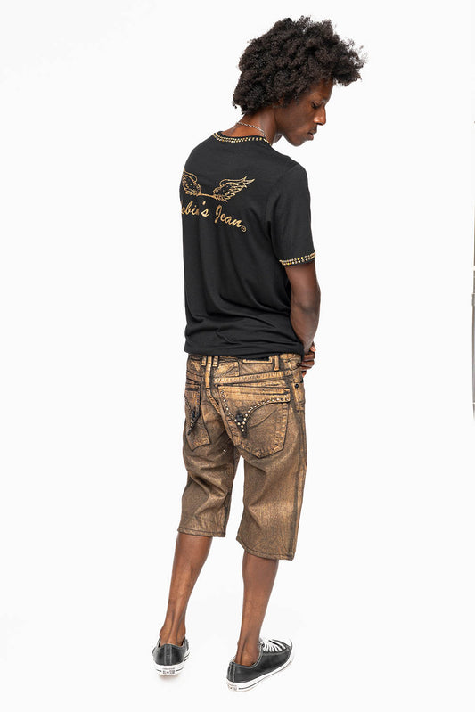 MENS SHORT WITH FLAP POCKETS IN RUSH GOLD WASH WITH  XLARGE SMOKEY TOPAZ CRYSTALS