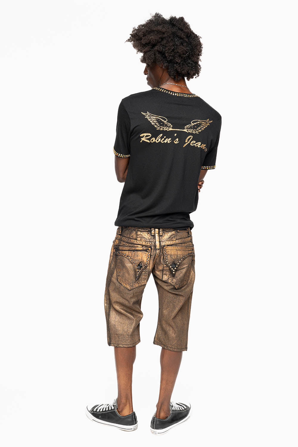 MENS SHORT WITH FLAP POCKETS IN RUSH GOLD WASH WITH  XLARGE SMOKEY TOPAZ CRYSTALS
