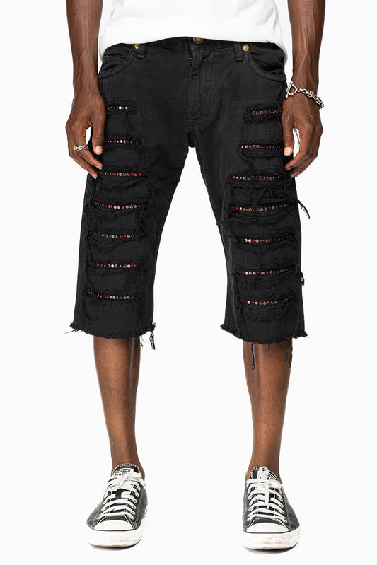 MENS DESTROYED SHORTS WITH KILLER FLAP POCKET IN BLACK WITH STUDS AND CRYSTALS