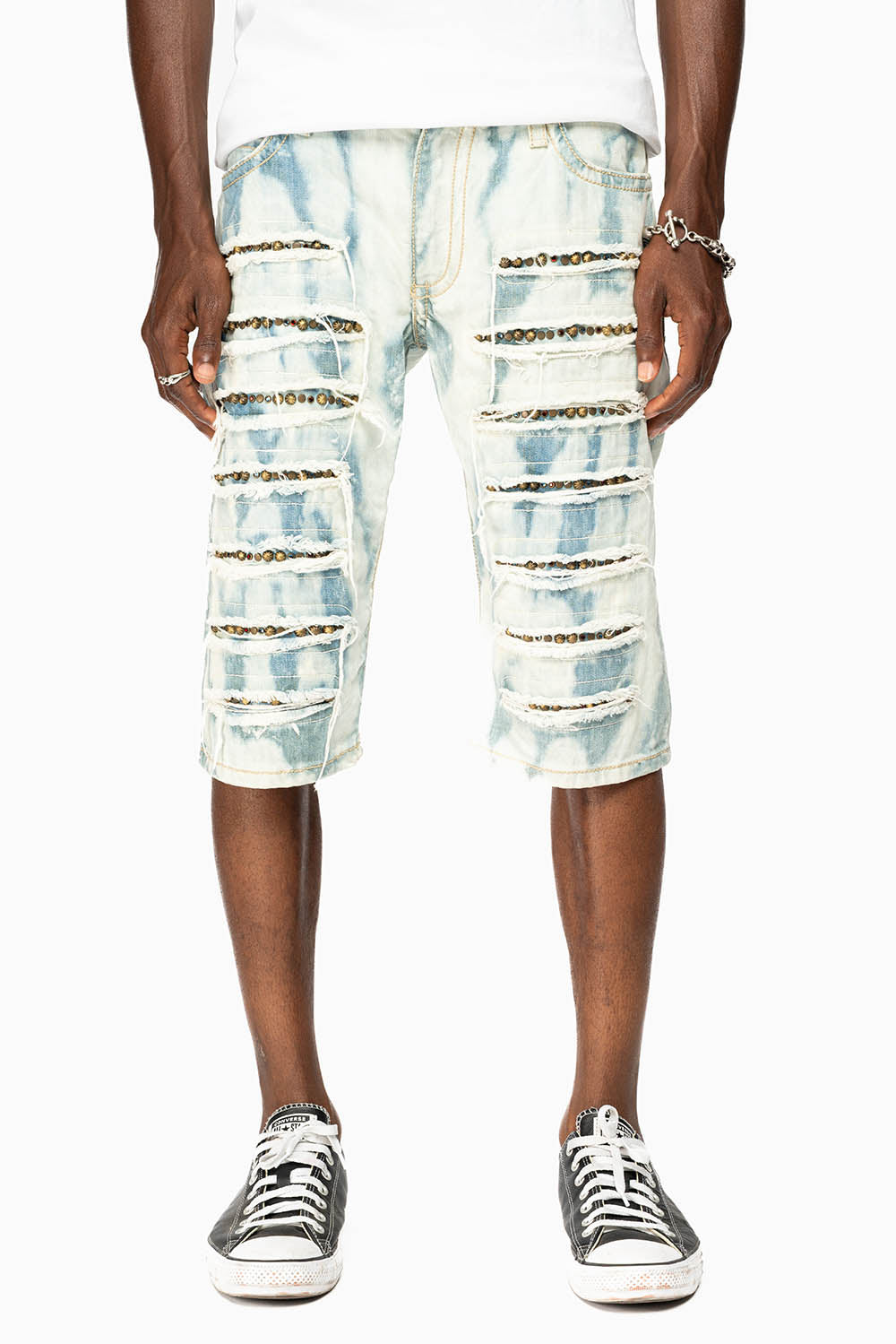 MENS DESTROYED SHORTS WITH KILLER FLAP POCKET IN FLORENCE WASH WITH STUDS AND CRYSTALS