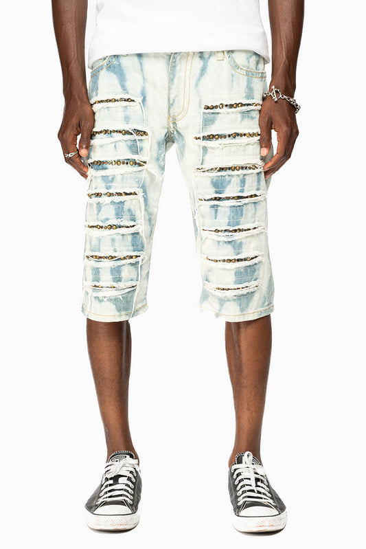 MENS DESTROYED SHORTS WITH KILLER FLAP POCKET IN FLORENCE WASH WITH STUDS AND CRYSTALS